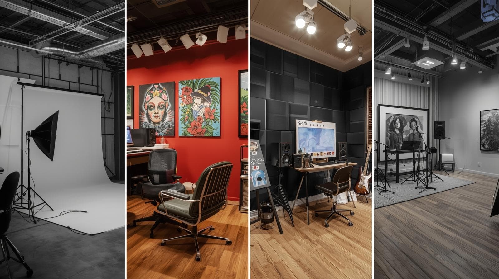 A collage of creative studio workspaces